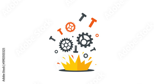 Mechanical gears and bolts flying from bright fire explosion
