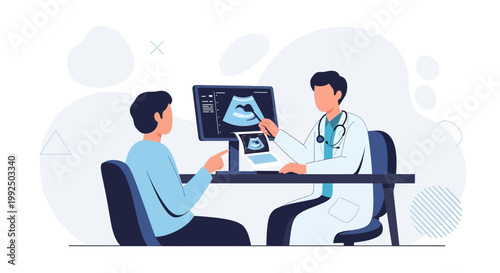 Doctor showing ultrasound scan to patient, medical consultation, healthcare concept