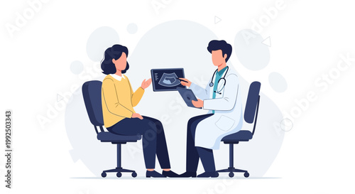 Doctor showing ultrasound scan to patient, medical consultation, healthcare concept