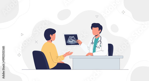 Doctor showing ultrasound scan to pregnant woman in clinic