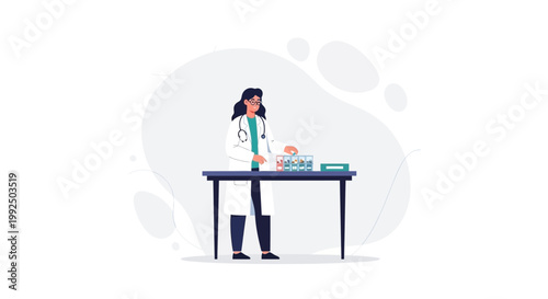 Female scientist in lab coat working with test tubes and samples on a table