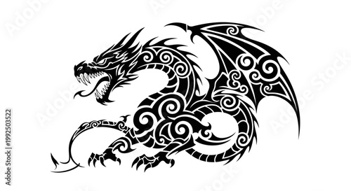 Dragon with tribal tattoo design elements.