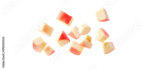 Flying Red Apple Diced Pieces Levitation Isolated on White Background for Composition