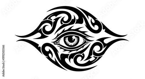 Tribal tattooed eye with swirls.