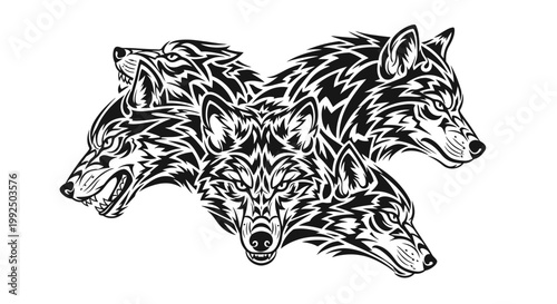 Black and white wolf pack illustration.