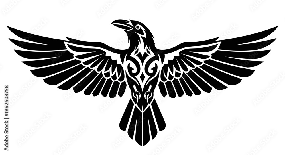 Fototapeta premium Stylized Black Raven with Intricate Tribal Patterns and Spread Wings.