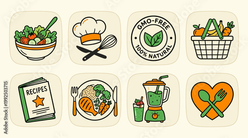 A vibrant collection of modern flat design icons illustrating various aspects of healthy eating, cooking, natural ingredients, and mindful food preparation for a balanced lifestyle