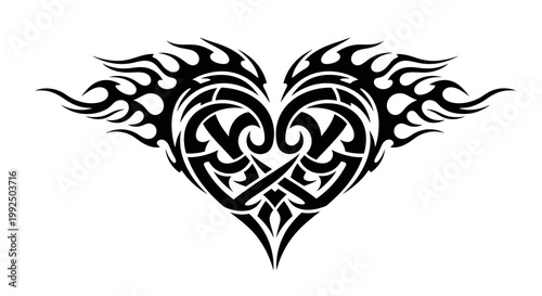 Tribal heart tattoo design with intricate Celtic knotwork and fiery flame elements.