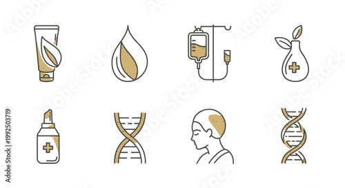 Medical dermatology and science line icons on white background