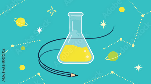 Creative Science and Space Exploration Flat Vector Illustration with Erlenmeyer Flask