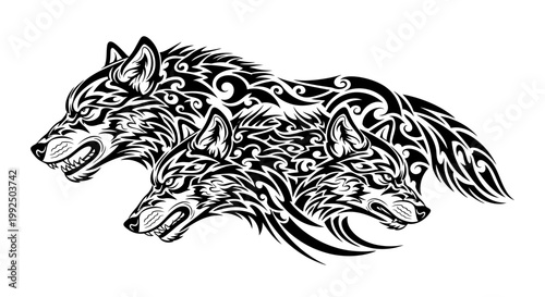 Three stylized tribal wolf heads in a striking black and white design.