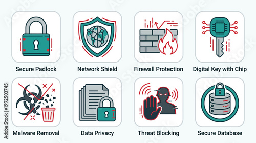 Cybersecurity icons for digital protection including secure padlock, network shield, firewall, and data privacy