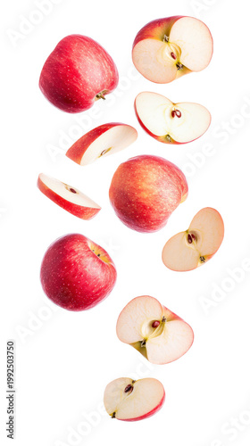 Levitating Fresh Red Apple Slices and Whole Fruits Isolated on Pure White Background