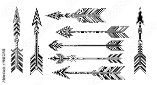 Collection of Hand Drawn Tribal Arrows with Intricate Patterns.
