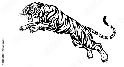 Dynamic black and white tiger illustration in a powerful leaping pose.