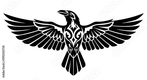 Stylized Black Raven with Intricate Tribal Patterns and Spread Wings.