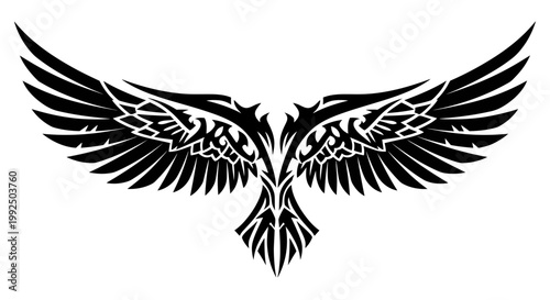Majestic tribal eagle wings vector illustration in black silhouette style.