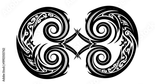 Intricate black tribal tattoo design with swirling patterns.