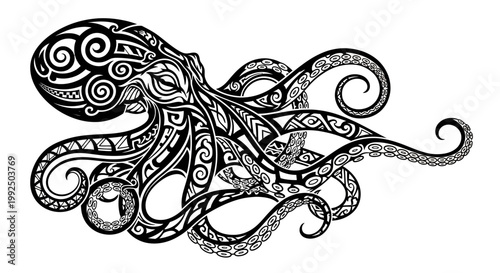 Intricate Tribal Octopus Tattoo Design Black and White Illustration.