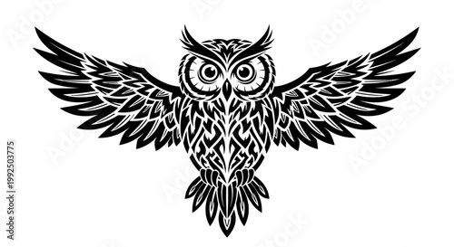 Majestic Tribal Owl with Spread Wings Vector Illustration.