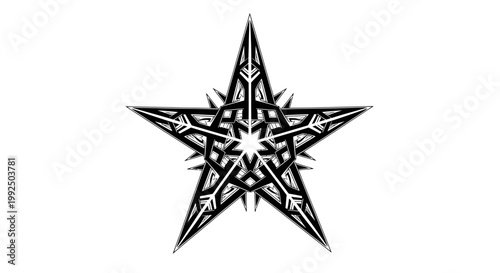 Intricate black and white star design with tribal patterns.