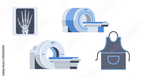 Medical radiology equipment icons including MRI scanner and x-ray