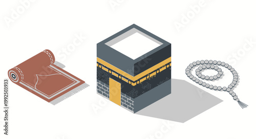 Isometric Kaaba with prayer rug and tasbih beads on white