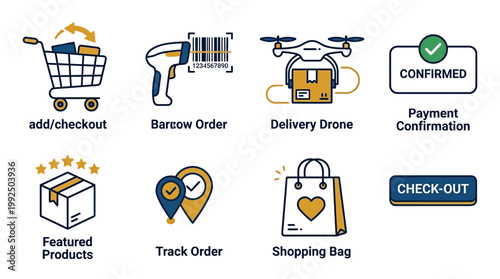 E-commerce and online shopping icons add to cart, barcode scanner, delivery drone, order confirmation, featured items, order tracking, shopping bag, checkout