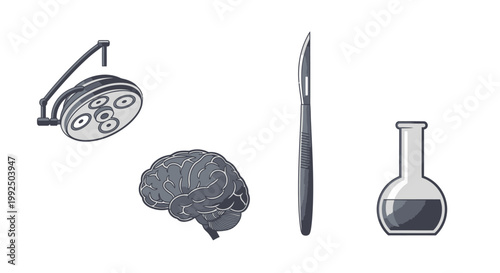Medical surgery icons featuring human brain scalpel and flask