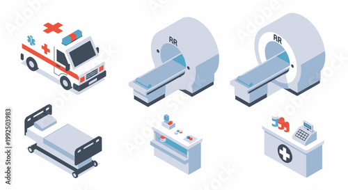 Isometric medical equipment set with ambulance and MRI scanner