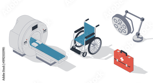 Isometric medical equipment set with MRI scanner and wheelchair