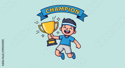 Cheerful Cartoon Boy Holding Gold Trophy and Celebrating Victory as a Champion.