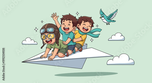 Cartoon illustration of three happy boys flying on a large paper airplane through the sky with a bird and clouds.