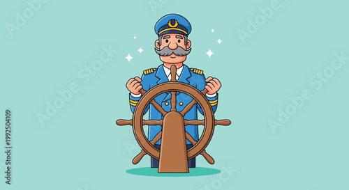 Cartoon ship captain with a mustache steering a wooden wheel on a ship.