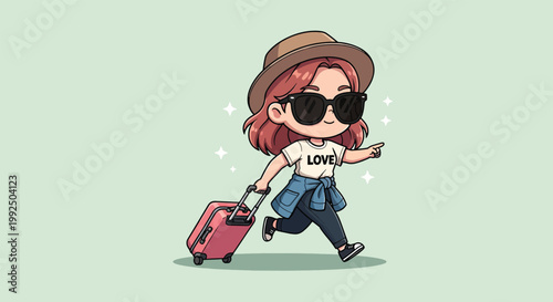 Chibi girl traveler with suitcase and sunglasses.