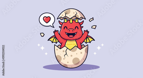 Cute baby red dragon hatching from a spotted egg with a heart speech bubble.