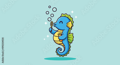 Cute Blue Cartoon Seahorse Blowing Bubbles Underwater Illustration.