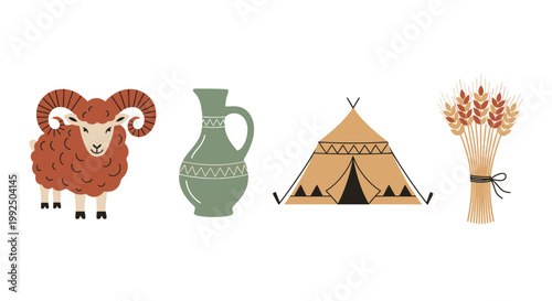 Minimalist icons of ram pottery tent and wheat bundle