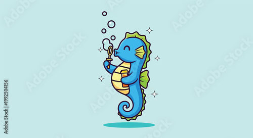 Cute Blue Cartoon Seahorse Blowing Bubbles Vector Illustration in Kawaii Style.