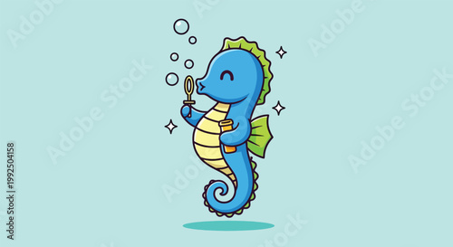 Cute Blue Seahorse Blowing Bubbles Cartoon Mascot Vector Illustration.