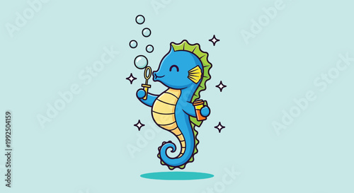 Cute Blue Seahorse Blowing Bubbles Cartoon Illustration.