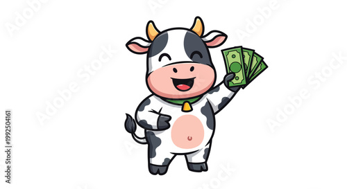 Cute cartoon cow character holding a fan of cash money bills.