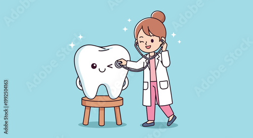 Cute Cartoon Dentist Checking a Happy Tooth with a Stethoscope.