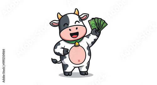 Cute cartoon cow holding money banknotes and smiling on white background.