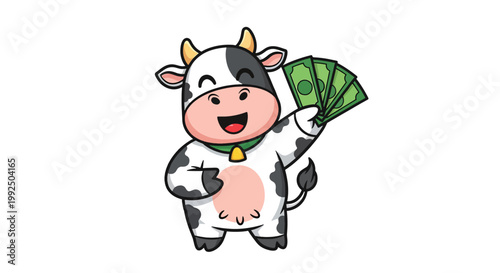 Cute cartoon cow holding fan of money bills illustration.