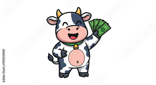 Cute cartoon cow character holding green money bills.