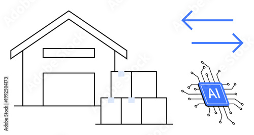 Logistics, inventory control, AI technology, automated systems, supply chain, digital solutions. Warehouse with packages and AI chip exchanging data. Logistics and inventory control concept