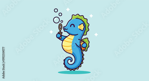 Cute Blue Seahorse Character Blowing Bubbles Cartoon Vector Illustration.