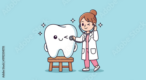 Cute Cartoon Dentist Examining a Healthy Tooth with Stethoscope.