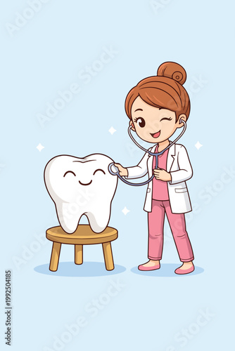 Cute Cartoon Dentist Examining a Happy Tooth with a Stethoscope.